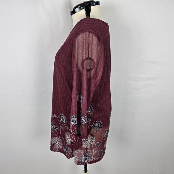 Timeson Blouse Women's 3XL Burgundy Floral Ruffle 3/4 Sleeve Round Neckline NWT - Picture 14 of 16